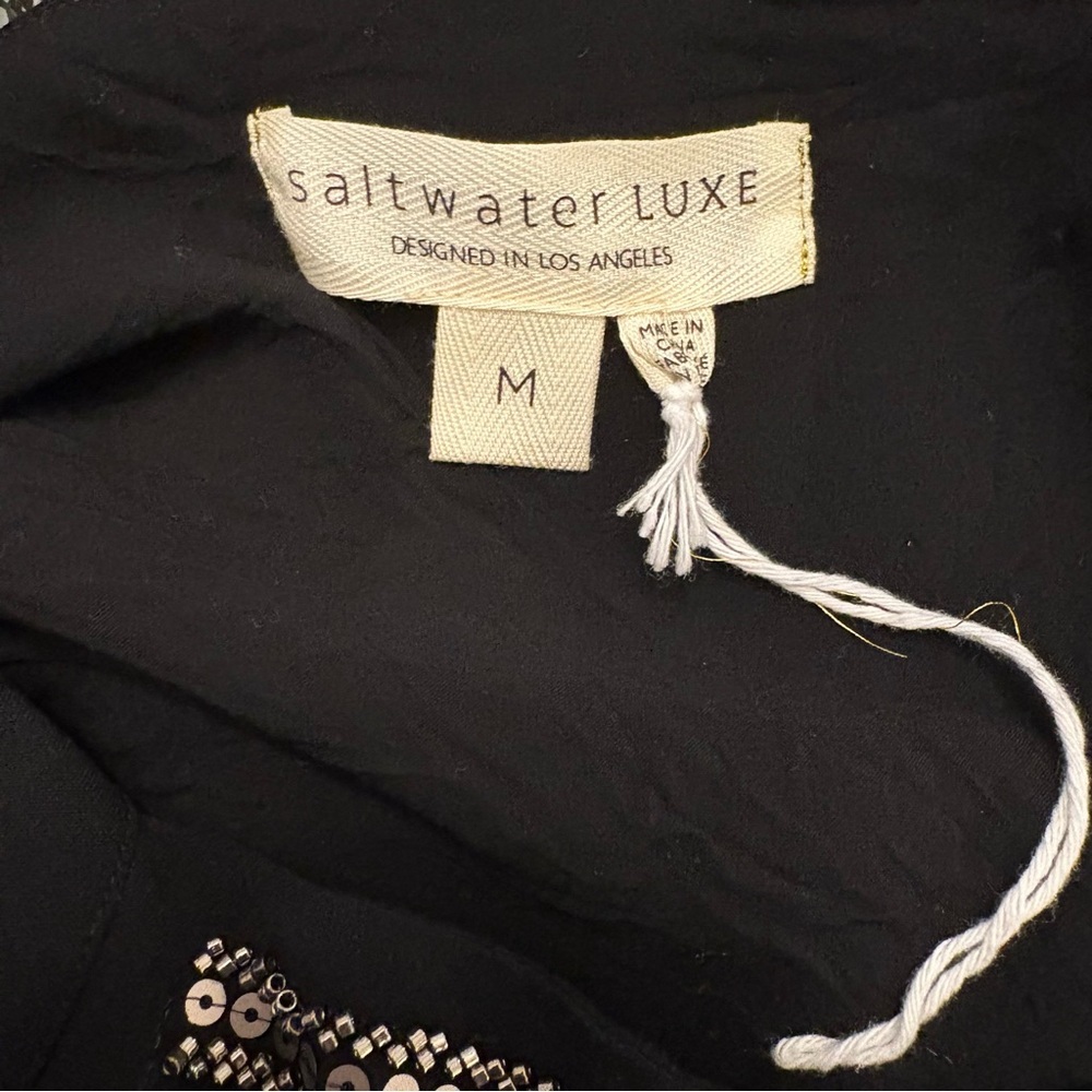 Saltwater Luxe Beaded Sequin Crop Top Black Puff Sleeve Square Neck Blouse M - Picture 6 of 10